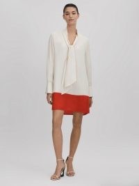 REISS MARTA TIE NECK SHIFT DRESS in CREAM/RED / cream and red color block dresses
