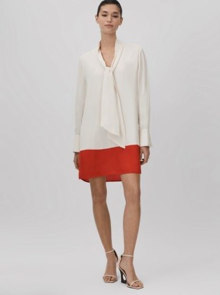 REISS MARTA TIE NECK SHIFT DRESS in CREAM/RED / cream and red color block dresses - flipped