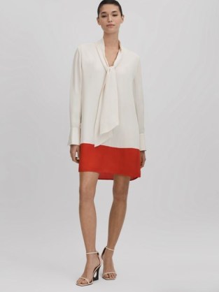 REISS MARTA TIE NECK SHIFT DRESS in CREAM/RED / cream and red color block dresses