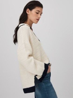Reiss MICHAELA WOOL BLEND OPEN COLLAR JUMPER in CREAM / NAVY | women’s collared relaxed fit jumpers - flipped