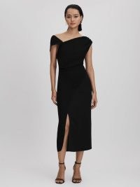 REISS MILLER ASYMMETRIC BODYCON MIDI DRESS BLACK ~ chic asymmetric evening dresses ~ cocktail clothing ~ sophisticated occasionwear