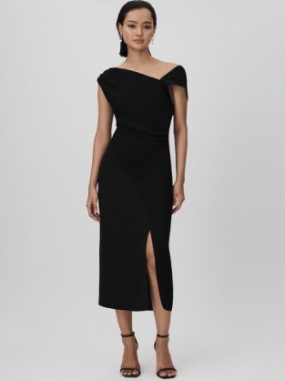 REISS MILLER ASYMMETRIC BODYCON MIDI DRESS BLACK ~ chic asymmetric evening dresses ~ cocktail clothing ~ sophisticated occasionwear - flipped