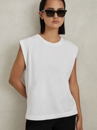 REISS MORGAN COTTON CAPPED SLEEVE T-SHIRT in WHITE ~ cap sleeved tee ~ women’s t shirts ~ casual sleeveless tops - flipped