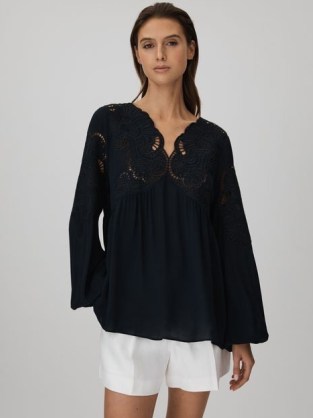 Reiss NOA LACE CUT-OUT BLOUSE NAVY – women’s dark blue blouson sleeve top – chic relaxed boho style blouses - flipped