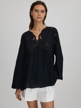 Reiss NOA LACE CUT-OUT BLOUSE NAVY – women’s dark blue blouson sleeve top – chic relaxed boho style blouses