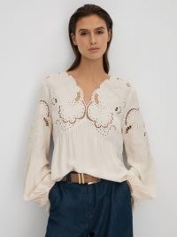 REISS NOA LACE CUT-OUT BLOUSE CREAM ~ feminine tops ~ balloon sleeve cutout blouses