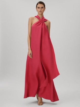 Reiss ODELL LINEN BLEND DRAPE MAXI DRESS CORAL – sophisticated flowing occasion gown – chic halterneck evening clothing – long length halter neck event dresses – voluminous fluid gowns - flipped