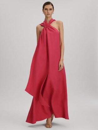 Reiss ODELL LINEN BLEND DRAPE MAXI DRESS CORAL – sophisticated flowing occasion gown – chic halterneck evening clothing – long length halter neck event dresses – voluminous fluid gowns
