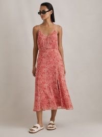 Reiss OLIVIA PRINTED BELTED MIDI DRESS in Red | printed slit hem slip dresses | strappy spring / summer fashion