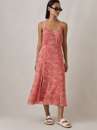 Reiss OLIVIA PRINTED BELTED MIDI DRESS in Red | printed slit hem slip dresses | strappy spring / summer fashion - flipped