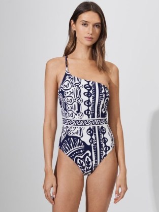 Reiss OLIVIA PRINTED ONE-SHOULDER SWIMSUIT NAVY / WHITE – printed asymmetric neckline swimsuits - flipped