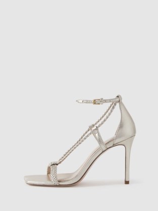 Reiss PAIGE LEATHER PLAITED STRAPPY HEELED SANDALS GOLD / metallic woven detail square toe high heels - flipped