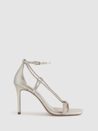 Reiss PAIGE LEATHER PLAITED STRAPPY HEELED SANDALS GOLD / metallic woven detail square toe high heels