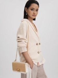 Reiss PICTON LEATHER RAFFIA CHAIN CROSSBODY BAG WHITE / small woven front shoulder bags / summer cross body
