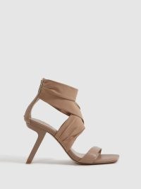 REISS REMI WRAP FRONT ANGLED HEELS NUDE ~ angled stiletto heel evening shoes ~ square toe occasion sandals