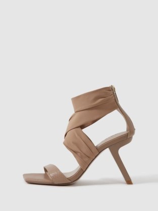 REISS REMI WRAP FRONT ANGLED HEELS NUDE ~ angled stiletto heel evening shoes ~ square toe occasion sandals - flipped