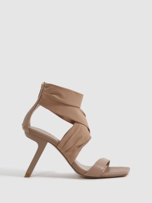 REISS REMI WRAP FRONT ANGLED HEELS NUDE ~ angled stiletto heel evening shoes ~ square toe occasion sandals