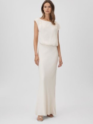 REISS RUPA DRAPED MAXI DRESS IVORY ~ chic asymmetric neckline evening dresses ~ understated occasion clothing ~ minimalist occasionwear ~ keyhole back detail - flipped