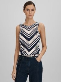 Reiss SABRINA CROCHET CREW NECK VEST in NAVY / IVORY | chic knitted vests | sleeveless sweaters | women’s stylish tanks | tank tops