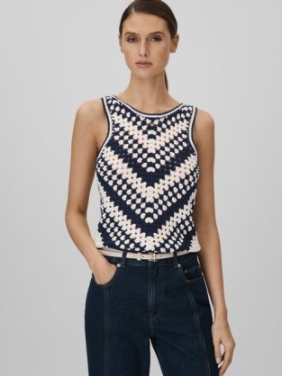 Reiss SABRINA CROCHET CREW NECK VEST in NAVY / IVORY | chic knitted vests | sleeveless sweaters | women’s stylish tanks | tank tops - flipped