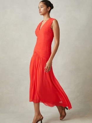 Reiss SAFFY RUCHED BODYCON MIDI DRESS in CORAL – bright asymmetric occasion dresses – vibrant evening event clothing - flipped