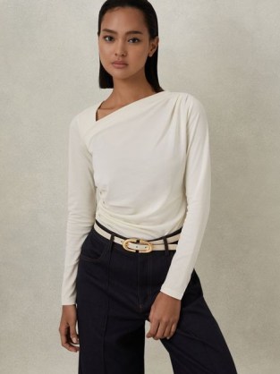 REISS SANDY RUCHED ASYMMETRIC NECK TOP IVORY ~ women’s chic long sleeve gathered tops with an asymmetrical neckline ~ contemporary clothing - flipped