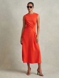 Reiss STACEY JERSEY RUCHED MIDI DRESS in Orange – chic clothing – vibrant fashion – bright ruche detail dresses
