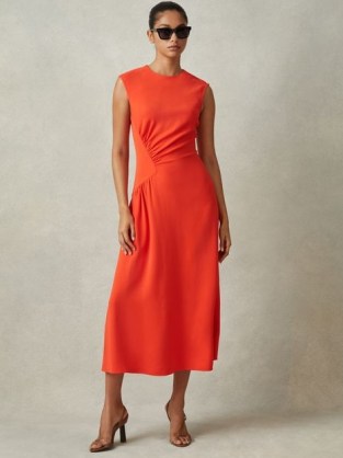 Reiss STACEY JERSEY RUCHED MIDI DRESS in Orange – chic clothing – vibrant fashion – bright ruche detail dresses - flipped
