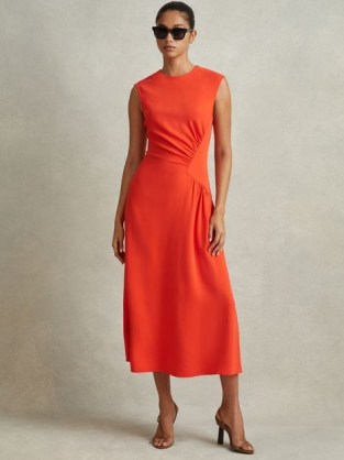 Reiss STACEY JERSEY RUCHED MIDI DRESS in Orange – chic clothing – vibrant fashion – bright ruche detail dresses