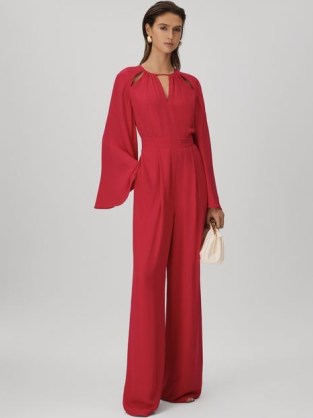 REISS TANIA CUT-OUT FLARED SLEEVE JUMPSUIT CORAL ~ wide sleeved cutout jumpsuits ~ open back evening fashion ~ women’s chic all-in-one occasion clothes - flipped