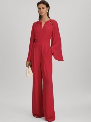 REISS TANIA CUT-OUT FLARED SLEEVE JUMPSUIT CORAL ~ wide sleeved cutout jumpsuits ~ open back evening fashion ~ women’s chic all-in-one occasion clothes