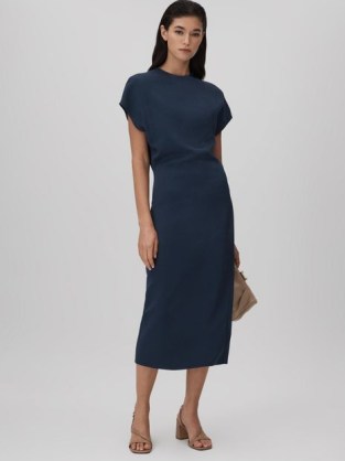 Reiss TASHA RUCHED BODYCON MIDI DRESS NAVY – dark blue pencil dresses with short draped sleeves – elegant evening occasion clothes – chic party clothing - flipped