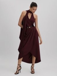 REISS TAYLA SATIN WRAP FRONT MIDI DRESS BURGUNDY ~ asymmetric fluid fabric evening occasion dresses ~ silky event clothing