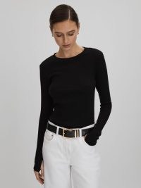 REISS TORA COTTON BLEND CREW NECK TOP in BLACK ~ women’s long sleeve thumb hole tops ~ womens round neck tee