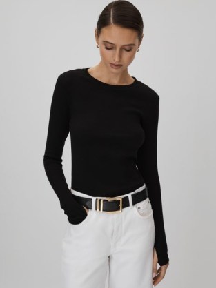 REISS TORA COTTON BLEND CREW NECK TOP in BLACK ~ women’s long sleeve thumb hole tops ~ womens round neck tee - flipped