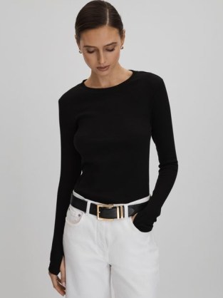REISS TORA COTTON BLEND CREW NECK TOP in BLACK ~ women’s long sleeve thumb hole tops ~ womens round neck tee