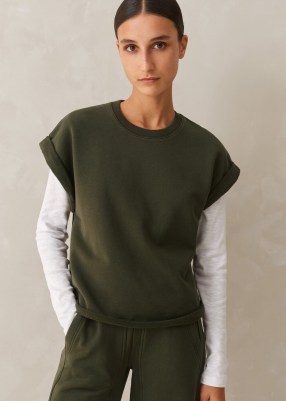 ME and EM Roll Cuff Sweatshirt in Olive ~ women’s dark green cap sleeve sweatshirts - flipped