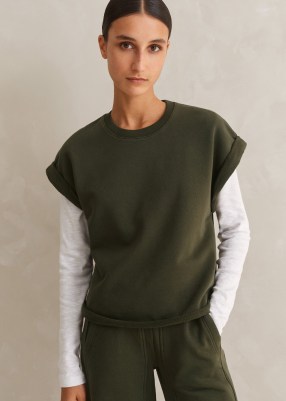 ME and EM Roll Cuff Sweatshirt in Olive ~ women’s dark green cap sleeve sweatshirts