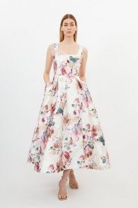 KAREN MILLEN Romantic Floral Print Prom Woven Maxi Dress – sleeveless square neck fit and flare dresses