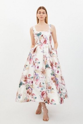 KAREN MILLEN Romantic Floral Print Prom Woven Maxi Dress – sleeveless square neck fit and flare dresses - flipped
