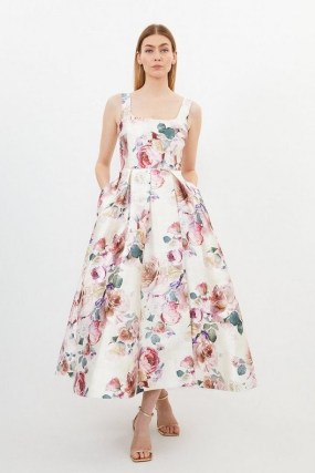 KAREN MILLEN Romantic Floral Print Prom Woven Maxi Dress – sleeveless square neck fit and flare dresses