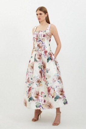 KAREN MILLEN Romantic Floral Print Woven Prom Midi Skirt / full printed skirts - flipped