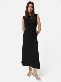 JIGSAW Ruched Channel Jersey Dress in Black – sleeveless gathered detail midi dresses