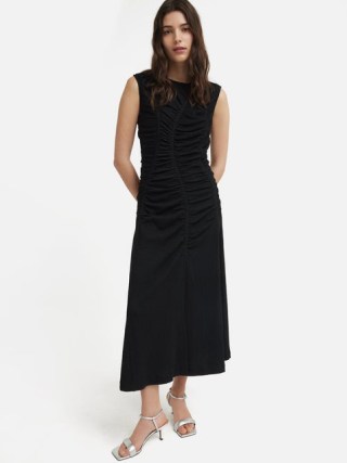 JIGSAW Ruched Channel Jersey Dress in Black – sleeveless gathered detail midi dresses - flipped