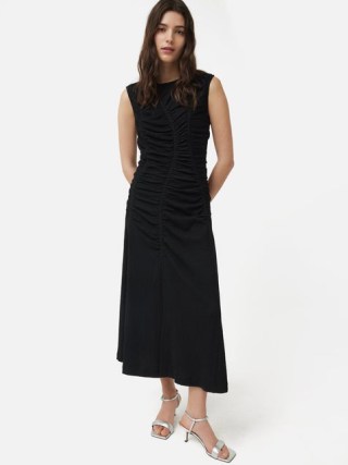 JIGSAW Ruched Channel Jersey Dress in Black – sleeveless gathered detail midi dresses