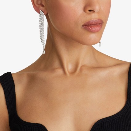 JIMMY CHOO Saeda Fringe Earring Silver-Finish Crystal Earrings – glamorous fringed drops – evening event jewellery