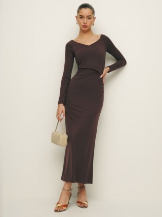 Reformation Santana Knit Dress in Mole ~ chic brown long sleeve dresses - flipped