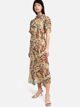 JIGSAW Sheer Petal Crinkle Dress in Peach / floral romantic style midi dresses / asymmetric hemline / high neck - flipped