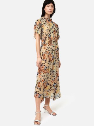 JIGSAW Sheer Petal Crinkle Dress in Peach / floral romantic style midi dresses / asymmetric hemline / high neck
