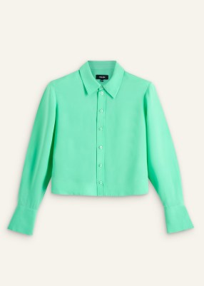 ME and EM Silk Cropped Shirt in Hot Mint ~ women’s green crop hem shirts ~ luxury minimalist fashion - flipped